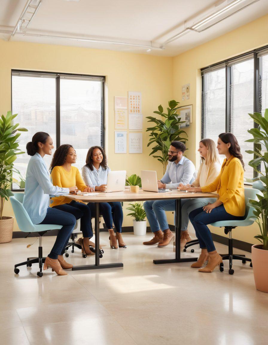 A serene office setting with diverse employees engaging happily, showcasing a sense of community and assurance. Soft, uplifting colors reflect a cheerful atmosphere, with elements symbolizing trust such as check marks and hands shaking. In the background, motivational quotes about teamwork and assurance are softly visible. Bright, inviting lighting enhances the positive vibe. super-realistic. vibrant colors. soft focus.