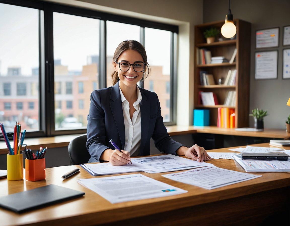 A calm hiring manager sitting at a desk surrounded by colorful documents and a laptop, with a bright window showing a sunny day outside. In the background, a happy employee is shaking hands with a new hire, symbolizing trust and peace of mind. Include elements like checkmarks and magnifying glasses to represent background checks. super-realistic. vibrant colors. soft focus.